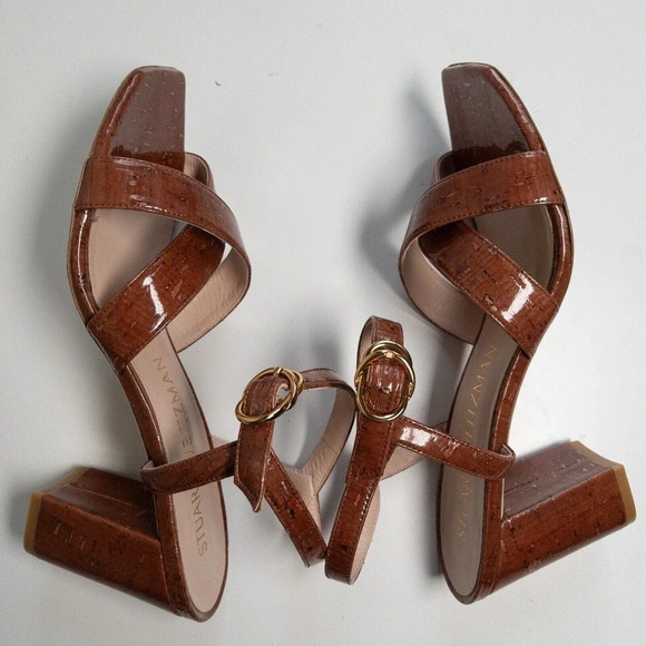 Stuart Weitzman Analeigh 75mm Cappuccino Cork Sandal Heels Size 10 - Picture 9 of 11